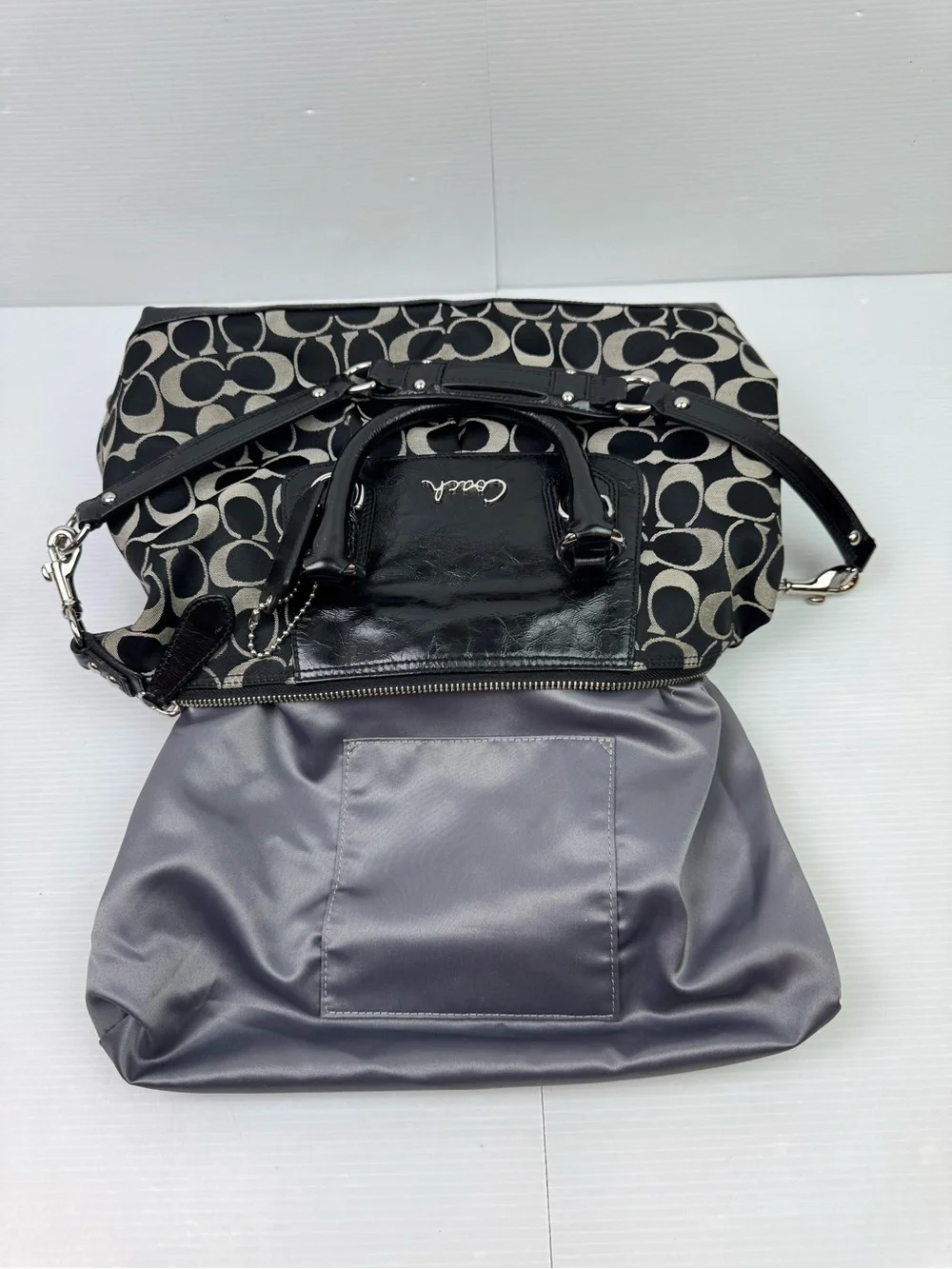 Coach F15443 Black Signature C Sateen Patent Leather Satchel Shoulder Handbag Ba